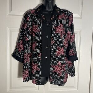 Vintage Richness Fashion Shirt Women XXXL Black Pink Embroidered 90s Button Up